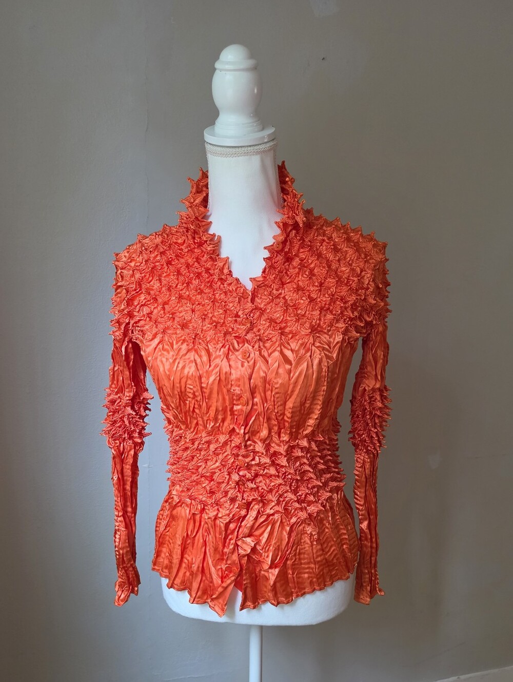 Vibrant Orange Y2k Crinkle Long Sleeve Top
